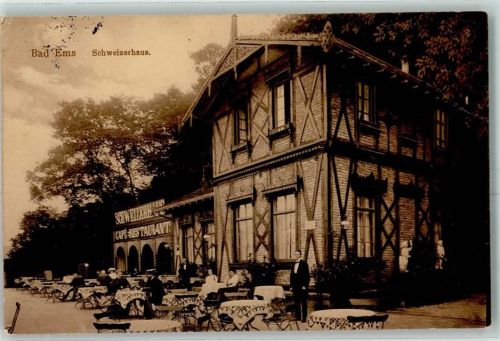Bad Ems 1914 Schweizerhaus Backsteinhaus Fachwerk Terrasse Tischdecke