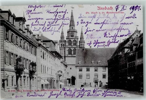 Ansbach 1901 Oberer Markt St. Humbertuskirche Brunnen