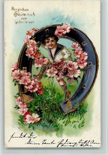 1906 Junge im Matrosenanzug turnt am großen Hufeisen AK Geburtstag