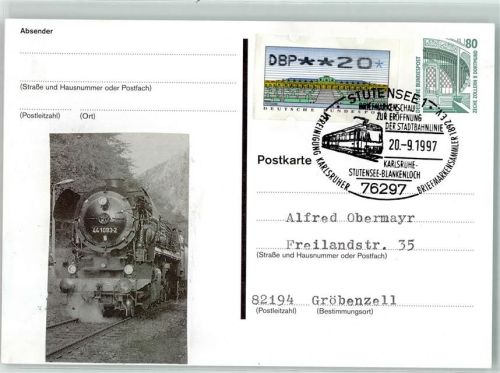 Stutensee GanzsacheDampflokomotive 44 1093-2 Sonderstempel Vereinigung Karlsruher Briefmarkensammler