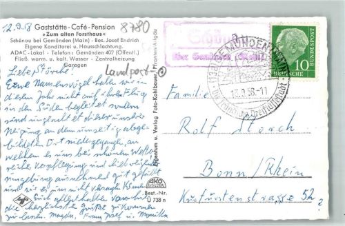 Schönau Landpoststempel über Gemünden Main
