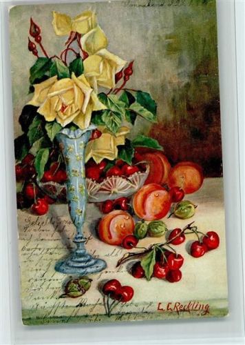 1905 Serie247 Jugendstil-Blumenvase, Kirschen, sign Reckling