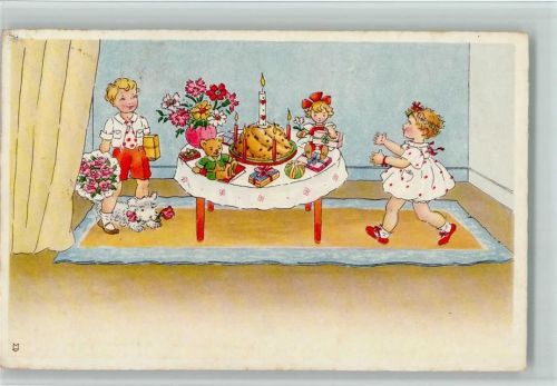 1941 Gabentisch mit Teddy, Puppe und Kuchen