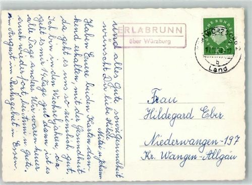 Erlabrunn Landpoststempel über Würzburg Namenstag Gans Blumenstrauss Motorroller