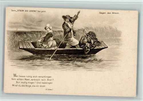 1898 Serie Strom des Lebens" Bauer mit Ware im Ruderboot gegen den Strom , Gedicht