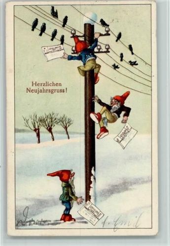 1926 Neujahr - Zwerge klettern mit Telegramme auf einen Telegraphenmast AK