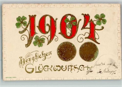 Neujahr 1904 Geld Goldmünze Glücksklee Jugendstil