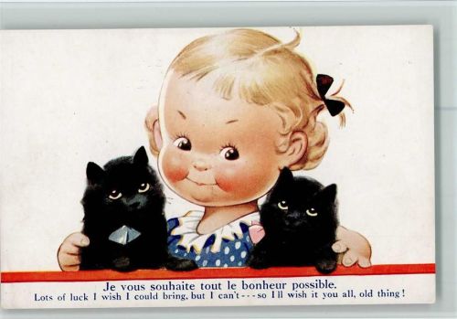 Mädchen mit schwarzen Katzen AK