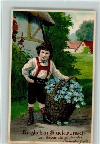 1915 Geburtstag- Kind mit Lederhose und Blumenkorb, gute Erhaltung AK