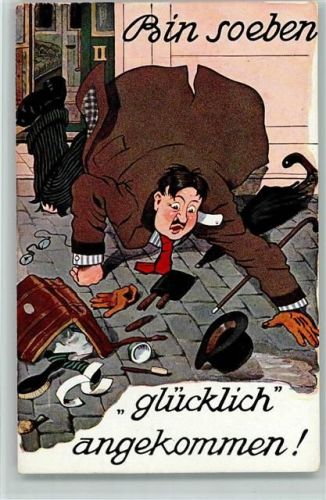 Glücklich angekommen ! Gepäck Eisenbahn Humor AK