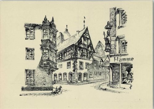 Mainz Ortsmitte Haus Zum Kuckuck Links Erker des Kronberger Hof Rechts Statue Papst Pius V. Aus dem Kalender 1951