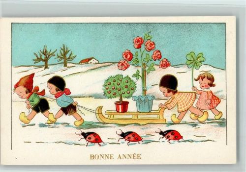 Bonne Anne - Neujahr - Kinder mit einem Schlitten, gute Erhaltung