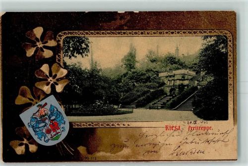 Riesa 1902 Freitreppe Wappen Glücksklee Passepartout Bahnpost Leipzig-Riesa-Dresden Zug 767