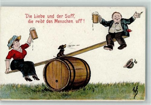 Verlag WS + SB Serie 137 - Bier, Liebe und Suff, Ehepaar auf einer Wippe, sign Scheuermann AK