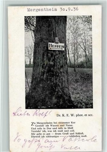 Bad Mergentheim Schild am Baum "Herren" - Gedicht zur strammen Kur, 1936 AK