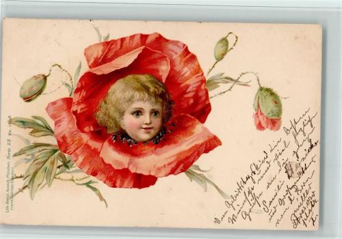 1900 Kinderkopf in einer Mohnblume, AK