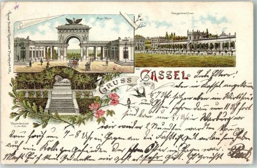 Kassel 1911 Lithographie Hessendenkmal Aue-Tor Orangerieschloß Schwalben