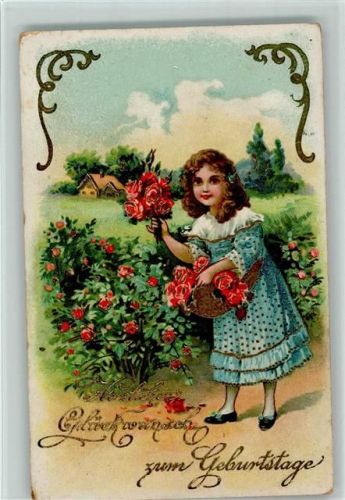 Mädchen mit einem Rosenkorb AK Geburtstag