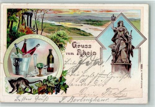 Mainz 1900 Gruss aus - vom Rhein - Weinreben, Weinflaschen,