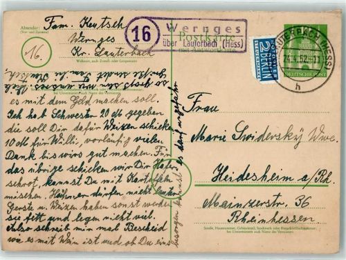 Lauterbach Landpoststempel Wernges Ganzsache Notopfer Marke