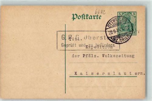 Ottweiler 1914 Ganzsache Feldpost Oberstein