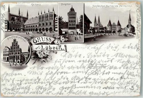Lübeck 1896 Lithographie Holsten-Tor Schiffergesellschaft Burgtor Marienkirche Verlag Ottmar Zieher-München