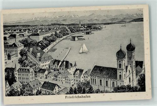 Friedrichshafen Ev. Schlosskirche und Dampferanlegestellen vor Alpenpanorama