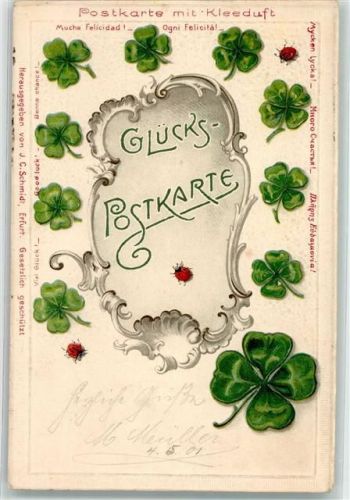 Kleeduft Glücks-Postkarte Marienkäfer Verlag J.C. Schmidt Duftkarte 1901 Prägedruck