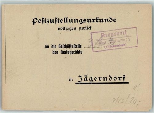 Kronsdorf Landpoststempel über Jägersdorf 2 Postzustellungsurkunde