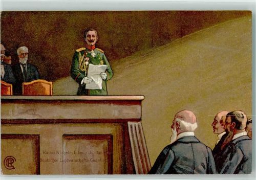 vor der Deutschen Landwirtschafts-Gesellschaft Jubiläumsserie Die Hohenzollern als Förderer der LandwirtschaftThomasmehl Werbung Adel Kaiser Wilhelm II Künstlerkarte