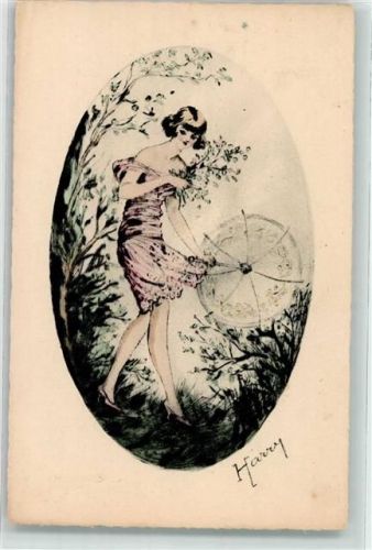 Art Deco Frau mit Regenschirm sign. Harry Frau Künstlerkarte 1944