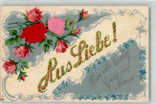 1905 mit echt Stoff Applikation Schrift aus Rosen : Aus Liebe Vergissmeinnicht