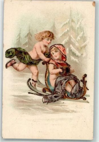 mit Glimmer/Glitzerauflage Stuhlschlitten Engel 1900 Lithographie / Künstlerkarte