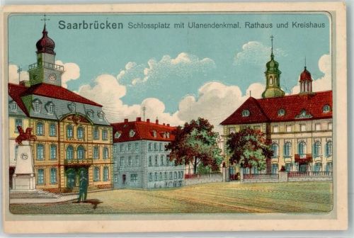 66111 W6600 Saarbrücken 1919 Lithographie Schlossplatz mit Ulanendenkmal Rathaus und Kreishaus