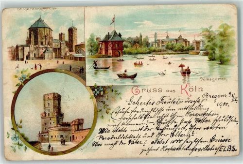 Köln Altstadt-Nord 103 1900 Lithographie St.Gereonskirche Bayenturm Volksgarten