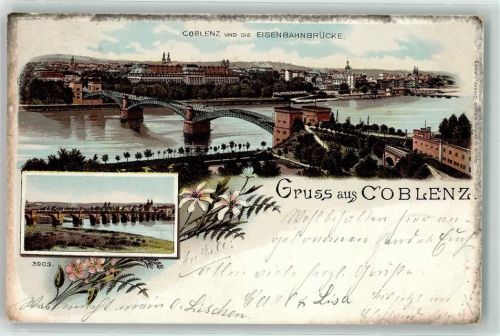 56068 W5400 Koblenz am Rhein 1900 Lithographie Eisenbahnbrücke Rhein