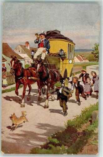 Volksliederkarte Nr 22 Es blies ein Jäger wohl in sein Horn Postkutsche Spitz Kinder VDA Hey, Paul