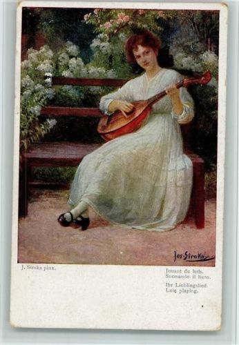 sign Straker - Frau mit einer Laute /Mandoline AK