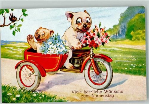 Motorrad mit Beiwagen Mops vermenschlicht Blumen WBSS 8372