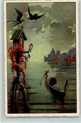 Venezia 1926 Künstlerkarte, Gondel, Lichtstelle in der Lagune - Verlag Ballerini & Fratini