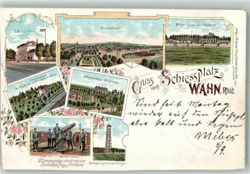 49762 W4474 Wahn 1899 Gebrauchsspuren Bahnhof Schiessplatz Kaserne Offizierscasino Kanone Beobachtungsturm Lithographie