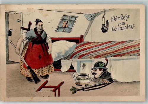 1913 Heimkehr vom Schützenfest, Frau mit einem Besen