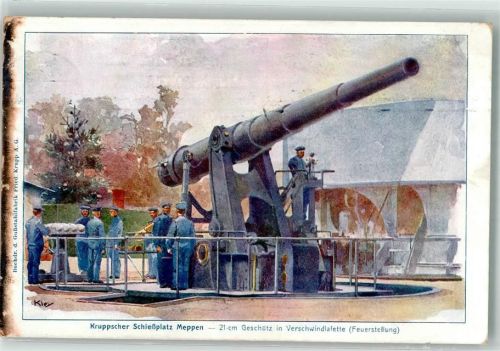 W4470 Meppen WK I Krupp Schießplatz 21 cm Geschütz Feuerstellung sign. Kley Waffe 1911 Künstlerkarte