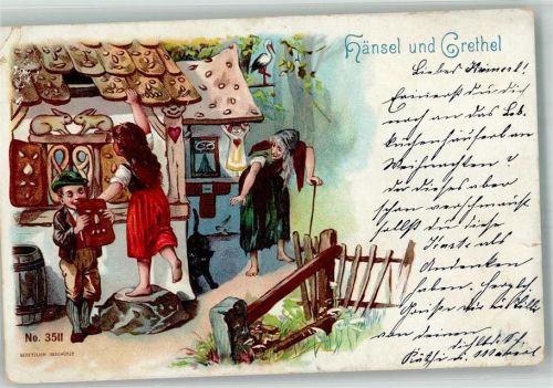 Lebkuchenhaus + Hexe , Storch Lithographie Hänsel und Gretel 1900 Gebrauchsspuren