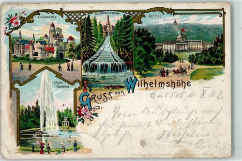 Wilhelmshöhe 1902 Lithographie Löwenburg Hercules m.d. Cascaden Schloss Große Fontaine