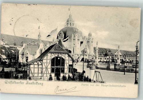 40210 W4000 Düsseldorf 1902 Foto AK Ausstellung Industriehalle Sonderstempel