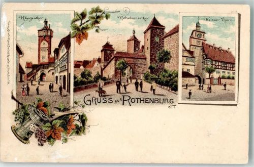 Rothenburg 1900 Lithograhpie Klingentor Weisser Turm Kobolzellertor