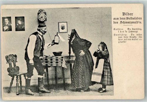Älteres Paar mit Kind in Tracht Uhr Humor Bilder aus dem Volksleben des Schwarzwalds