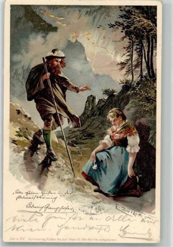 1901 Wanderer trifft auf erschöpfte Frau in Tracht Verlag Rafael Neuber Serie 33