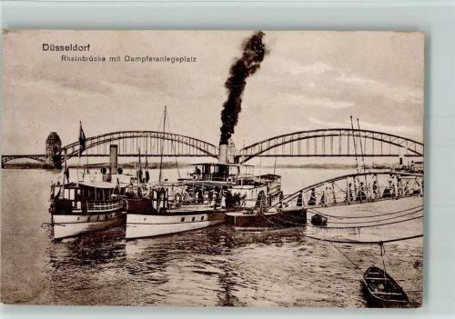 Düsseldorf Rheinbrücke, Anlegeplatz mit Dampfer ca 1913 AK